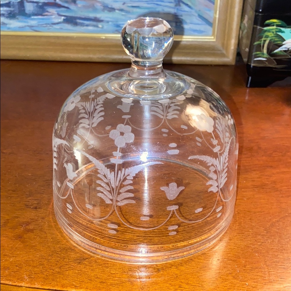 Glass dome plate cover Vintage etched flowers